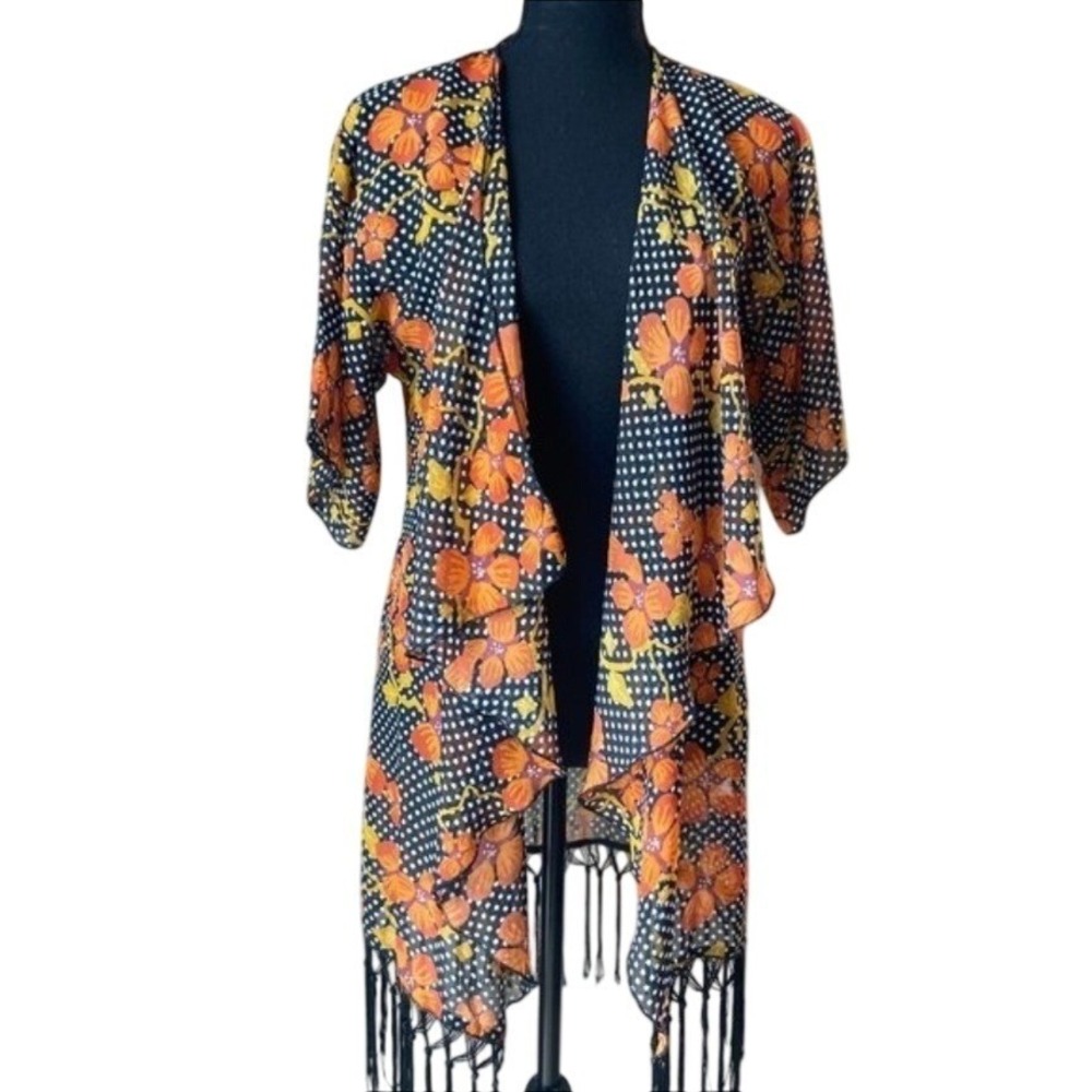 LuLaRoe Floral Polka Dot Fringe Kimono Small Black Orange Open Front Wrap NWT